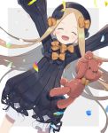  1girl :d ^_^ abigail_williams_(fate/grand_order) bangs black_bow black_dress black_headwear blonde_hair bloomers blush bow bug butterfly closed_eyes commentary_request dress facing_viewer fate/grand_order fate_(series) forehead grey_background hair_bow hat highres insect long_hair long_sleeves open_mouth orange_bow parted_bangs petals polka_dot polka_dot_bow sleeves_past_fingers sleeves_past_wrists smile solo stuffed_animal stuffed_toy teddy_bear totatokeke two-tone_background underwear very_long_hair white_background white_bloomers 