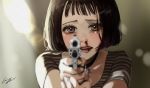  1girl aiming_at_viewer bangs blood blurry blurry_foreground bob_cut brown_eyes brown_hair commentary crying crying_with_eyes_open depth_of_field dust_particles gun handgun highres holding holding_gun holding_weapon jewelry leon_the_professional looking_at_viewer mathilda_lando necklace nosebleed open_mouth pomu revolver shirt short_hair short_sleeves signature solo striped striped_shirt t-shirt tears teeth weapon 