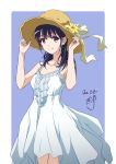  1girl 2020 bangs blue_background blue_hair brown_eyes character_request closed_mouth collarbone cowboy_shot dress eyebrows_visible_through_hair flower hair_between_eyes hat hat_flower highres long_hair looking_at_viewer nii_manabu shiny shiny_hair signature sleeveless sleeveless_dress smile solo standing sun_hat sundress two-tone_background white_background white_dress yellow_flower yellow_headwear 