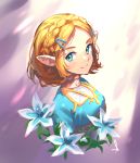  1girl bangs blonde_hair blue_eyes blue_shirt blush braid closed_mouth crown_braid flower forehead from_side hair_ornament hairclip highres looking_at_viewer looking_to_the_side parted_bangs pointy_ears portrait princess_zelda shijohane shirt short_hair signature smile solo the_legend_of_zelda the_legend_of_zelda:_breath_of_the_wild the_legend_of_zelda:_breath_of_the_wild_2 two-tone_background white_flower 