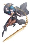  1girl absurdres arm_up armor bangs belt black_armor black_belt black_cape black_footwear black_shorts blue_eyes blue_hair boots breasts brown_legwear byleth_(fire_emblem) byleth_eisner_(female) cape chinese_commentary closed_mouth commentary_request dagger detached_collar elbow_pads emblem eyebrows_behind_hair fire_emblem fire_emblem:_three_houses full_body gokuhaaa hair_between_eyes high_heel_boots high_heels highres holding holding_sword holding_weapon knee_boots large_breasts long_hair looking_at_viewer navel navel_cutout pantyhose patterned_clothing sheath sheathed short_shorts shorts sidelocks simple_background single_knee_pad smile solo sword sword_of_the_creator vambraces weapon whip_sword white_background 