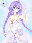  1girl artist_name bare_shoulders blue_eyes breasts commentary dress hair_ornament hand_up highres jewelry long_hair looking_at_viewer medium_breasts necklace neptune_(series) purple_heart signature smile spleeny symbol_in_eye twintails wedding wedding_dress white_dress 