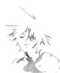  1boy abstract armor closed_eyes cloud_strife face final_fantasy final_fantasy_vii greyscale hair_over_one_eye hatching_(texture) male_focus monochrome parted_lips pauldrons shoulder_armor simple_background sketch solo spiky_hair upper_body white_background zero808w 