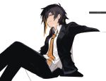  1girl alternate_costume alternate_hairstyle black_hair eyepatch formal girls_frontline jacket long_hair looking_at_viewer m16a1_(girls_frontline) necktie shirt sitting smile solo suit vento white_shirt 