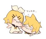  afterimage baby black_collar blonde_hair blush_stickers bow brother_and_sister cheek_pull chibi collar collared_dress commentary crying dress fighting furrowed_eyebrows hair_bow hair_ornament hairclip kagamine_len kagamine_rin kitsune_no_ko lying on_stomach sailor_collar short_hair siblings sitting solid_circle_eyes spiky_hair tears translated twins twitter_username vocaloid waving_arms white_background white_bow white_dress 