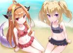  2girls araki_(qbthgry) beach black_hairband black_swimsuit blonde_hair bow coco_kaine commentary_request diagonal-striped_bow dragon_girl dragon_horns dragon_tail flat_chest frilled_swimsuit frills hairband hololive horn_bow horns kiryuu_coco long_hair multicolored_hair multiple_girls ocean orange_hair red_eyes red_swimsuit sitting streaked_hair swimsuit tail twintails violet_eyes virtual_youtuber younger 