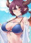  1girl bare_shoulders bikini blue_bikini blue_sky blush breasts choker clouds collarbone day dragon_girl dragon_horns dragon_wings granblue_fantasy grea_(shingeki_no_bahamut) haido_(ryuuno_kanzume) hair_between_eyes halter_top halterneck highres horns large_breasts looking_at_viewer navel open_clothes open_shirt outdoors parted_lips pointy_ears purple_hair red_eyes shirt short_hair sky solo sweat swimsuit upper_body white_choker white_shirt wings 