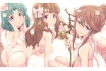  3girls ass bath bathing bathtub bent_over bikini bow breasts brown_hair bubble_bath choker commentary_request faucet green_hair hair_bow hair_ribbon halterneck heart heart_choker highres idolmaster idolmaster_million_live! long_hair looking_at_viewer medium_breasts medium_hair miyao_miya multiple_girls pink_eyes ribbon run_p_(aveton) shared_bathing short_hair_with_long_locks side-tie_bikini swimsuit tenkuubashi_tomoka tokugawa_matsuri wet white_bikini yellow_eyes 