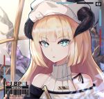  1girl arknights bangs barcode bare_shoulders beret blonde_hair blue_eyes bupa_chila eyebrows_visible_through_hair hat highres horns long_hair looking_at_viewer nightingale_(arknights) portrait solo turtleneck white_headwear 
