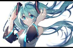  1girl aluppia aqua_eyes aqua_hair aqua_neckwear bare_shoulders black_sleeves blurry blurry_background chinese_commentary commentary detached_sleeves floating_hair grey_shirt hair_ornament hands_up hatsune_miku highres long_hair looking_at_viewer necktie shirt sidelighting sleeveless sleeveless_shirt smile solo twintails upper_body very_long_hair vocaloid white_background 