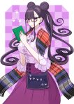  1girl blush book breasts checkered checkered_background closed_mouth double_bun fate/grand_order fate_(series) frills glasses holding holding_book kozara14 large_breasts lavender_shirt long_hair long_sleeves looking_at_viewer murasaki_shikibu_(fate) purple_background purple_hair purple_skirt shawl skirt smile very_long_hair violet_eyes 
