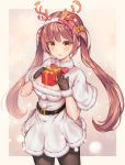  1girl bangs belt belt_buckle black_belt black_gloves black_legwear blush border bow brown_hair buckle capelet christmas commentary_request dress eyebrows_visible_through_hair fur-trimmed_gloves fur_trim gift gloves hair_bow hairband hakushoku_n highres holding holding_gift looking_at_viewer original outside_border pantyhose parted_lips red_neckwear shiny shiny_hair sidelocks solo teeth twintails white_border white_capelet white_dress white_hairband 