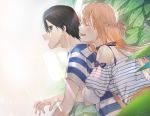  1boy 1girl asuna_(sao) bangs bare_shoulders black_eyes black_hair blue_bow blush bow braid brown_hair closed_eyes commentary_request couple from_side hair_between_eyes hetero hug hug_from_behind kirito leaf light light_brown_hair long_hair looking_to_the_side off-shoulder_shirt off_shoulder open_mouth plant riko201008 shirt short_hair short_sleeves smile striped striped_shirt sweat sword_art_online vertical-striped_shirt vertical_stripes very_long_hair 