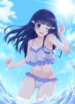  1girl absurdres aoki_reika bangs bikini blue_bikini blue_eyes blue_sky blunt_bangs clouds commentary_request day denshi_rinji frilled_bikini frills groin hair_ornament hairclip highres long_hair looking_at_viewer one_eye_closed outdoors precure sky smile smile_precure! solo swimsuit water 
