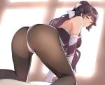  1girl all_fours ass azur_lane back backlighting bangs bare_shoulders bent_over black_hair black_leotard blush bow breasts brown_eyes brown_legwear closed_mouth elbow_gloves gloves hair_bow hair_flaps large_breasts leotard long_hair looking_at_viewer looking_back multicolored_leotard pantyhose ponytail racequeen suzuya_(maru) takao_(azur_lane) takao_(full_throttle_charmer)_(azur_lane) thighs two-tone_leotard white_bow white_gloves white_leotard window 