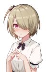  1girl :o bangs black_bow black_neckwear blonde_hair blush bow buttons commentary_request fukuro_ko_(greentea) hair_bow hair_over_one_eye hands_together highres honkai_(series) honkai_impact_3rd looking_at_viewer mole mole_under_eye necktie open_mouth pink_eyes rita_rossweisse shiny shiny_hair short_hair short_sleeves simple_background solo tongue white_background younger 