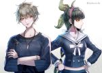  1boy 1girl ahoge amami_rantarou bangs black_hair blonde_hair chabashira_tenko choker collarbone commentary_request dangan_ronpa ear_piercing eyebrows_visible_through_hair green_eyes hair_between_eyes hair_ornament hair_ribbon hairband hands_on_hips jewelry long_hair looking_at_viewer male_focus necklace new_dangan_ronpa_v3 open_mouth parted_lips piercing pink_choker pout ribbon school_uniform shirt short_hair simple_background skirt smile striped striped_shirt twintails white_background white_ribbon z-epto_(chat-noir86) 