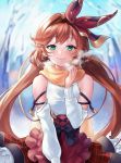  1girl apron bangs bare_tree blurry blurry_background blush breath brown_apron brown_hair brown_hairband brown_scarf clarisse_(granblue_fantasy) closed_mouth depth_of_field eyebrows_visible_through_hair frilled_apron frills granblue_fantasy green_eyes hair_intakes hair_ribbon hairband hand_up highres long_hair long_sleeves low_twintails outdoors red_ribbon red_skirt ribbon scarf shiao shirt skirt sleeveless sleeveless_shirt smile solo tree twintails very_long_hair waist_apron white_shirt white_sleeves 