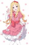  1girl :d bangs blonde_hair blush bow commentary_request dress eromanga_sensei eyebrows_visible_through_hair feet_out_of_frame frilled_dress frills grey_background hair_bow hairband hand_up highres knees_together_feet_apart long_hair long_sleeves looking_at_viewer open_mouth parted_bangs pink_dress pointy_ears red_bow red_eyes red_hairband ringlets short_over_long_sleeves short_sleeves simple_background skirt_hold sleeves_past_wrists smile solo tantan_men_(dragon) thigh-highs very_long_hair white_bow white_legwear yamada_elf 