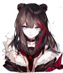  1girl animal_ears arknights artist_name bangs bear_ears black_choker black_hair black_jacket black_sailor_collar blue_eyes chinese_commentary choker commentary_request eyebrows_visible_through_hair fur-trimmed_jacket fur_trim highres jacket long_hair looking_at_viewer multicolored_hair neckerchief parted_lips red_neckwear redhead sailor_collar sheya signature simple_background solo streaked_hair upper_body white_background zima_(arknights) 