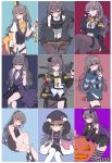  6+girls beret black_jacket black_legwear body_armor brown_eyes brown_hair clming collage collage_background dress gift girls_frontline gloves hair_ribbon halloween_costume hat highres jacket long_hair multiple_girls pantyhose ribbon scar scar_across_eye scarf shirt skirt tagme thigh-highs ump45_(girls_frontline) 