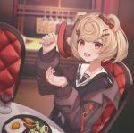  1girl :d alcohol animal_ears arknights bangs bear_ears bear_girl black_jacket black_shirt blonde_hair blush cup drink drinking_glass eyebrows_visible_through_hair food food_themed_hair_ornament fork fried_egg gummy_(arknights) hair_ornament hairclip hb_(qwqw1697) highres holding holding_fork indoors jacket long_sleeves looking_at_viewer meat nail_polish neckerchief onion_rings open_clothes open_jacket open_mouth orange_eyes plate red_nails restaurant sailor_collar school_uniform serafuku shirt short_hair sitting smile solo upper_body white_neckwear white_sailor_collar wine wine_glass 