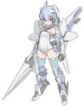  1girl bangs bare_shoulders black_gloves blue_hair blue_legwear breasts closed_mouth copyright_request elbow_gloves eyebrows_visible_through_hair full_body gloves hair_between_eyes headgear holding holding_sword holding_weapon karukan_(monjya) leotard looking_at_viewer mecha_musume red_eyes simple_background small_breasts solo sword thigh-highs weapon white_background white_leotard 