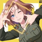  1girl artist_logo azumi_(girls_und_panzer) commentary_request eyebrows_visible_through_hair girls_und_panzer hand_over_eye necktie one_eye_closed orange_hair pairan parted_lips selection_university_military_uniform smile solo square violet_eyes 