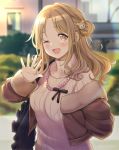  1girl :d ;d bangs bear_hair_ornament black_ribbon blurry blurry_background blush breasts brown_eyes brown_hair brown_jacket commentary_request depth_of_field eyebrows_visible_through_hair fish_hair_ornament fur_trim hair_bun hair_ornament hand_up ichikawa_hinana idolmaster idolmaster_shiny_colors jacket jewelry long_hair long_sleeves looking_at_viewer necklace off-shoulder_jacket off_shoulder one_eye_closed open_clothes open_mouth outdoors parted_bangs ribbed_sweater ribbon smile solo sweater turtleneck turtleneck_sweater white_sweater wotori 