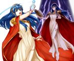  1girl blue_eyes blue_hair book boots cloak delsaber dress fire_emblem fire_emblem:_the_binding_blade floating_hair lilina_(fire_emblem) long_dress long_hair looking_at_viewer magic older open_book open_mouth red_cloak side_slit sleeveless sleeveless_dress thigh-highs thigh_boots very_long_hair white_dress white_footwear 