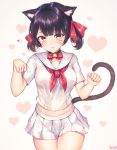  1girl absurdres animal_ear_fluff animal_ears bangs bell bell_choker breasts cat_ears cat_girl cat_tail choker clenched_hands commentary_request eyebrows_visible_through_hair hair_ribbon hakushoku_n heart heart_background highres looking_at_viewer navel original parted_lips paw_pose pleated_skirt red_neckwear red_ribbon ribbon sailor_collar school_uniform serafuku shiny shiny_hair shirt short_hair short_sleeves skirt solo tail twintails white_sailor_collar white_shirt white_skirt yellow_eyes 