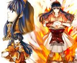  1girl blue_eyes blue_hair book bracelet brown_eyes closed_mouth collarbone delsaber fire fire_emblem fire_emblem:_the_binding_blade floating_hair jewelry lilina_(fire_emblem) long_hair looking_at_viewer looking_up magic miniskirt open_book orange_capelet pleated_skirt shiny shiny_hair skirt very_long_hair white_background white_skirt 
