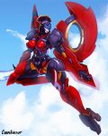  1girl absurdres alternate_breast_size autobot blue_eyes breasts cosmikaizer energy_sword english_commentary flying high_heels highres holding holding_sword holding_weapon large_breasts looking_back mechanical_wings no_humans open_hand solo sword thick_thighs thighs transformers weapon wide_hips windblade wings 