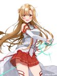  1girl :d asuna_(sao) bangs bare_shoulders blush braid breastplate breasts brown_eyes brown_hair commentary_request cowboy_shot detached_sleeves eyebrows_visible_through_hair floating_hair french_braid highres holding holding_sword holding_weapon long_hair long_sleeves looking_at_viewer medium_breasts miniskirt open_mouth piyopoyo pleated_skirt red_skirt sheath simple_background skirt smile solo sword sword_art_online thigh-highs twitter_username very_long_hair weapon white_background white_legwear white_sleeves 