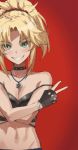  1girl bangs black_camisole black_gloves blush braid breasts choker crop_top fate/apocrypha fate_(series) fingerless_gloves french_braid gloves green_eyes grin hair_ornament hair_scrunchie highres jewelry long_hair looking_at_viewer midriff mordred_(fate) mordred_(fate)_(all) navel necklace parted_bangs ponytail red_background red_scrunchie scrunchie sidelocks small_breasts smile tonee v 