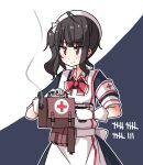  1girl ac130 ahoge armband bag black_hair bullet_hole commentary_request girls_frontline gloves gsh-18 gsh-18_(girls&#039;_frontline) gun handgun hat holding holding_bag holding_gun holding_weapon nurse nurse_cap one_side_up red_eyes short_sleeves smoke solo tally upper_body weapon white_gloves 