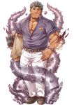  1boy 2bombom bara beard belt brown_eyes chest dagon_(tokyo_houkago_summoners) facial_hair full_body grey_hair hand_in_pocket jewelry looking_at_viewer male_focus manly muscle official_art one_eye_closed open_clothes pectorals simple_background smile solo tentacles tokyo_houkago_summoners 