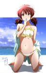  1girl bare_shoulders beach bikini blurry blurry_background blush breasts brown_eyes brown_hair dated hair_ornament hibike!_euphonium highres kneeling kyoto_animation looking_at_viewer medium_breasts nii_manabu open_clothes open_mouth open_shirt oumae_kumiko shirt_pull short_hair solo swimsuit takarajimasha twintails 