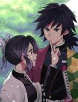  1boy 1girl :d asymmetrical_clothes belt_buckle black_eyes black_hair black_jacket blue_eyes blurry blurry_background buckle butterfly_hair_ornament couple day eye_contact finger_to_another&#039;s_mouth gradient_hair grey_hair hair_ornament haori index_finger_raised jacket japanese_clothes kimetsu_no_yaiba kochou_shinobu long_sleeves looking_at_another low_ponytail multicolored_hair nyangorobei open_mouth outdoors ponytail profile shiny shiny_hair short_hair smile tomioka_giyuu 