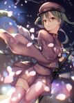  black_gloves blurry_foreground cherry_blossoms commentary falling_petals gloves green_hair hatsune_miku long_hair looking_at_viewer military military_uniform miniskirt parted_lips petals pleated_skirt purple_headwear purple_legwear purple_skirt purple_suit senbon-zakura_(vocaloid) sheath shiomizu_(swat) skirt sword thigh-highs twintails uniform unsheathing very_long_hair violet_eyes vocaloid weapon wide_sleeves zettai_ryouiki 