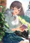  1girl ;d animal animal_on_shoulder bag bangs blue_skirt blurry blurry_background blush book braid breasts brown_hair bush cat cat_on_shoulder collared_shirt commentary day depth_of_field eyebrows_visible_through_hair fence green_ribbon grey_cat hair_ornament hair_ribbon hairclip haru_(hiyori-kohal) highres holding holding_book leaf long_sleeves medium_breasts neck_ribbon one_eye_closed open_book open_mouth original outdoors pleated_skirt red_neckwear red_ribbon ribbon school_bag school_uniform shirt short_hair side_braid sitting skirt smile solo symbol_commentary violet_eyes white_shirt wing_collar x_hair_ornament 