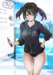  1girl :/ absurdres arena_(company) ass_visible_through_thighs backlighting bangs black_hair black_jacket black_swimsuit blue_eyes breasts chain-link_fence competition_swimsuit day drawstring fence groin hand_on_hip harutask highres holding holding_marker hood hooded_jacket jacket looking_at_viewer marker no_pants one-piece_swimsuit original outdoors pool poolside sidelocks sleeves_pushed_up solo standing swimsuit swimsuit_under_clothes telephone_pole thigh_gap track_jacket translation_request twintails whiteboard writing zipper 