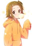  1girl atu brown_eyes brown_hair bubble_blowing chewing_gum commentary highres hood hoodie k-on! long_sleeves looking_at_viewer orange_hoodie oversized_clothes short_hair sleeves_past_fingers sleeves_past_wrists solo star_(symbol) tainaka_ritsu white_background 