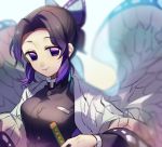  1girl black_jacket blank_eyes blurry blurry_background butterfly_hair_ornament eyebrows_visible_through_hair gradient_hair grin hair_intakes hair_ornament haori highres huyuharu0214 jacket japanese_clothes kimetsu_no_yaiba kochou_shinobu long_sleeves looking_at_viewer multicolored_hair purple_hair shiny shiny_hair short_hair smile solo uniform violet_eyes 