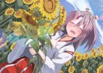  1girl blue_sky closed_eyes clouds commentary_request day dutch_angle flower grey_hair hachimaki hakama_pants headband high_ponytail highres japanese_clothes kantai_collection long_hair natsuki_(gedo) outdoors pants ponytail red_pants sky solo striped_headband sunflower zuihou_(kantai_collection) 