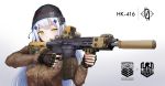  1girl 404_logo_(girls_frontline) absurdres acog assault_rifle blue_hair camouflage_jacket character_name crossover escape_from_tarkov fingerless_gloves girls_frontline gloves green_eyes gun h&amp;k_hk416 highres hk416_(girls_frontline) klowncel laser_pointer logo rifle solo suppressor weapon woollen_cap 