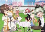 6+girls :d anchovy_(girls_und_panzer) animal animal_ears apron bangs black_apron black_ribbon blonde_hair blue_dress blue_eyes blue_footwear brown_eyes brown_hair capri_pants casual cat cat_ears clara_(girls_und_panzer) closed_mouth clothes_writing coke-bottle_glasses collared_shirt copyright_name cup day dog dog_ears dress dress_shirt drill_hair english_text eyebrows_visible_through_hair fake_animal_ears fang food frown gimp_(medium) girls_und_panzer glasses grass green_hair grey_shirt grey_skirt hair_between_eyes hair_ribbon highres holding holding_animal holding_food holding_saucer holding_teapot holding_tray ice_cream_cone imagining jacket katyusha_(girls_und_panzer) leaning_forward long_hair long_sleeves looking_at_another looking_at_viewer marie_(girls_und_panzer) mary_janes medium_dress medium_hair midriff miniskirt multiple_girls navy_blue_shirt nekonyaa_(girls_und_panzer) nishizumi_maho off-shoulder_shirt off_shoulder official_art ooarai_(ibaraki) ooarai_marine_tower open_mouth outdoors pants pantyhose pink_jacket pink_shirt pleated_skirt red_eyes red_skirt redhead ribbon rosehip_(girls_und_panzer) round_eyewear shadow shiba_inu shirt shoes short_hair short_sleeves sitting skirt sleeves_rolled_up smile spilling standing standing_on_one_leg stitched surprised tea teacup teapot third-party_edit tray twin_drills twintails waitress white_cat white_legwear white_pants white_shirt 
