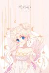  1girl artist_name bangs bare_shoulders bishoujo_senshi_sailor_moon blonde_hair blue_eyes closed_mouth crescent crescent_moon double_bun dress facial_mark forehead_mark hair_ornament hairclip highres light_smile long_hair looking_at_viewer moon parted_bangs pink_background princess_serenity puffy_short_sleeves puffy_sleeves sailor_moon see-through short_sleeves smile solo star_(symbol) strapless strapless_dress szzszzz tsukino_usagi twintails very_long_hair white_dress 