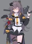  1girl baggy_pants black_gloves black_legwear black_skirt brown_eyes brown_hair clming eyebrows_visible_through_hair girls_frontline gloves grey_background gun h&amp;k_ump hair_ribbon highres long_hair looking_at_viewer necktie one_eye_closed over_shoulder pants ribbon scar scar_across_eye shirt single_glove single_thighhigh skirt solo strapless submachine_gun thigh-highs thigh_strap ump45_(girls_frontline) weapon weapon_over_shoulder white_shirt 