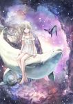  1girl 54cr barefoot beluga_whale blue_eyes dress hair_ornament highres light_brown_hair looking_at_viewer medium_hair original see-through sitting sky star_(sky) starry_sky whale white_dress 